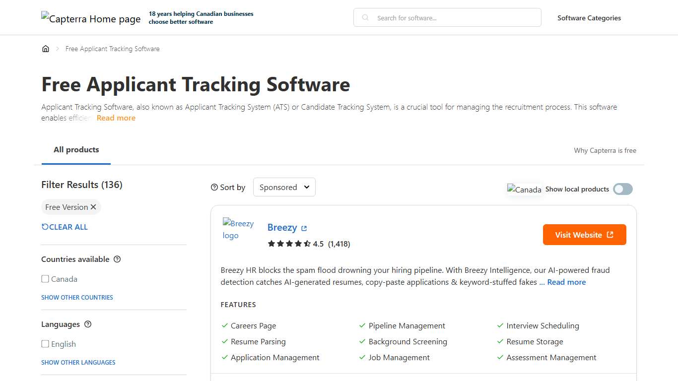 Free Applicant Tracking Software - Capterra Canada 2026